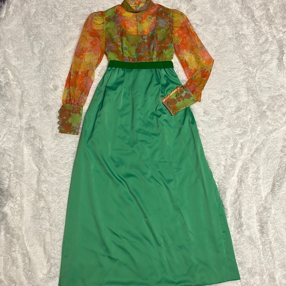 1960’s Vintage Retro floral sheer & green maxi dress